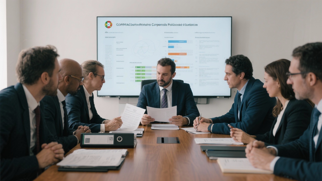 Executives from different industries collaborating during a structured boardroom meeting, analyzing governance charts and legal binders to define reliable corporate policies for Portuguese subsidiaries.