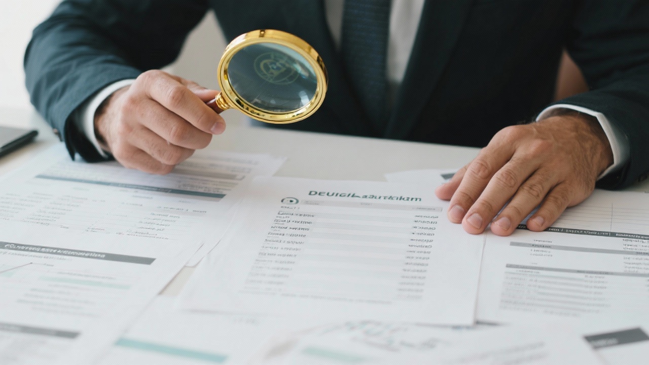 Analyst reviewing due diligence checklist with magnifying glass over financial statements and corporate registries, showcasing thorough risk assessment before mergers or acquisitions in Portugal.