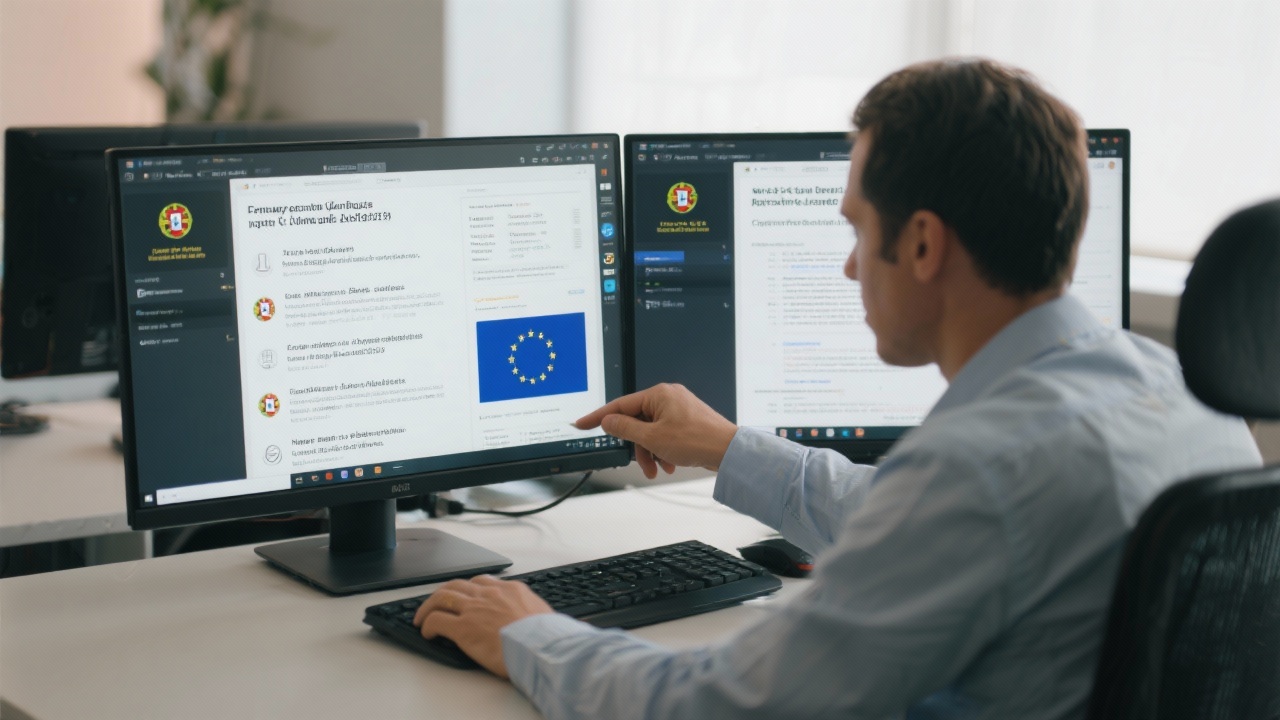 Consultant curating digital knowledge base on dual monitors filled with Portuguese legal updates, EU directives, and practical guidance for corporate compliance teams.