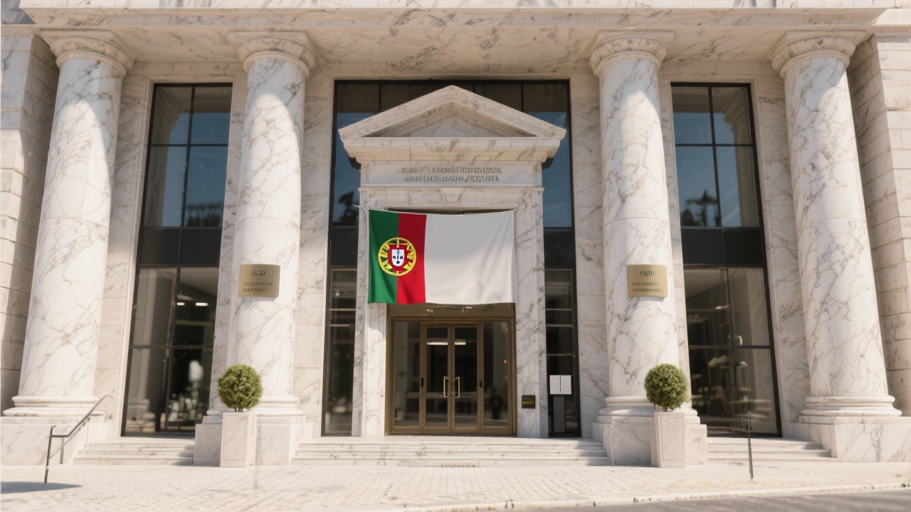 Elegant Lisbon office building entrance with marble columns and national flag, representing prestigious corporate headquarters suitable for international investors establishing presence in Portugal.