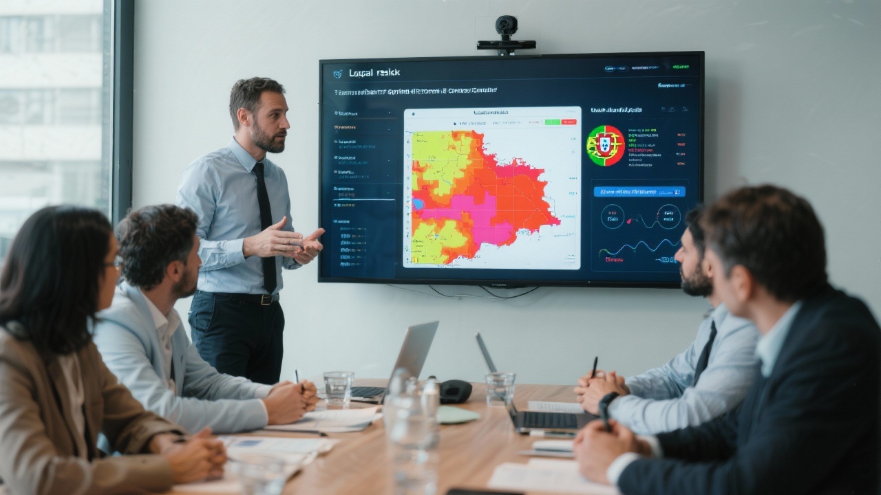 Legal risk workshop with facilitator presenting heat maps on digital screen while managers collaborate on mitigation plans for Portuguese subsidiaries and cross-border compliance.
