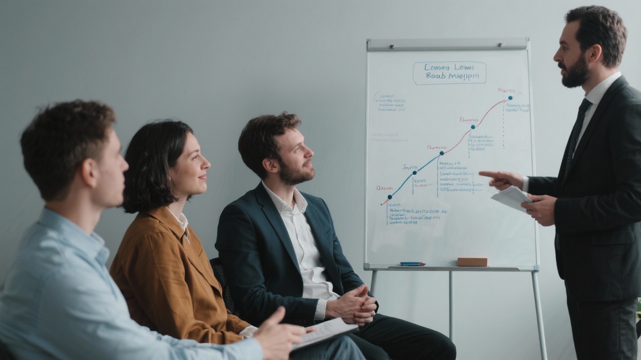 Entrepreneurial founding team receiving legal roadmapping session from consultant using whiteboard timelines, representing early-stage advisory during company formation and investment structuring.